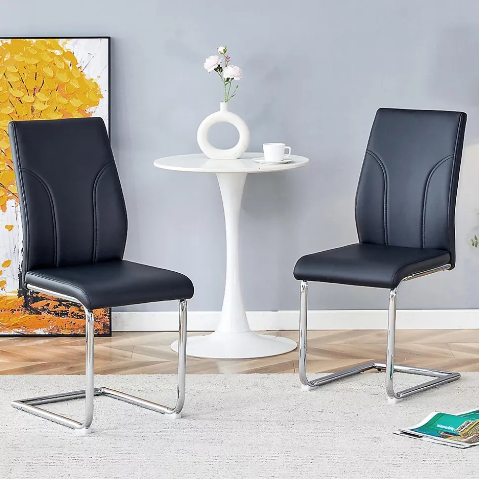 Lot 2 Chaises PU Noir, Pied Argenté, Bureau/Restaurant