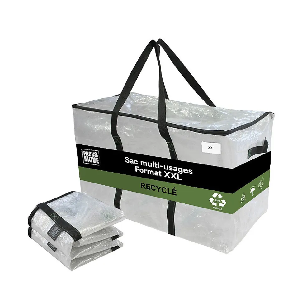 Lot 2 grands sacs déménagement transparent, rangement et transport ultra résistant - Réutilisable - Poignées solides - 100L