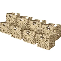 Lot 8 paniers pliales jonc de mer naturel motif soleil 31x31x31 cm