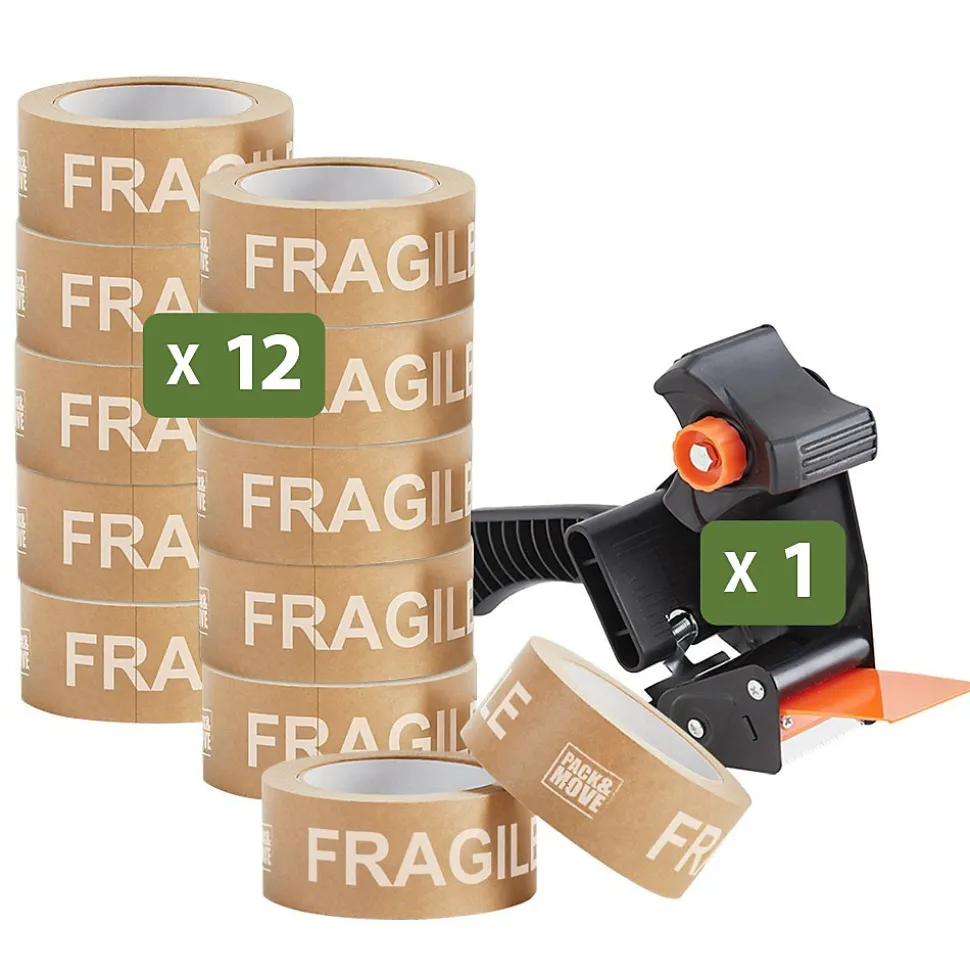 Lot 12 rouleaux ruban adhésif kraft "Fragile" pour emballage et déménagement - 50 m - 1 dévidoir offert - Qualité Premium