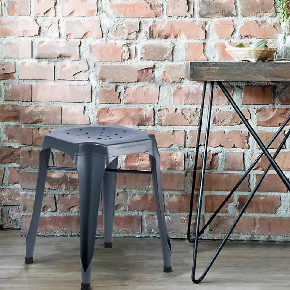 Lot 2 tabourets métal gris avec perforations sur l'assise - METALICA