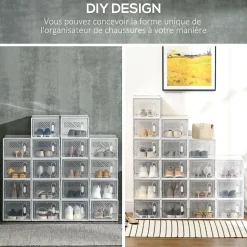 Lot de 18 boites cubes rangement à chaussures modulable avec portes transparentes - dim. 25L x 35l x 19H cm - PP blanc transparent