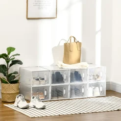 Lot de 8 boites cubes rangement à chaussures modulable avec portes transparentes - dim. 25L x 35l x 19H cm - PP blanc transparent