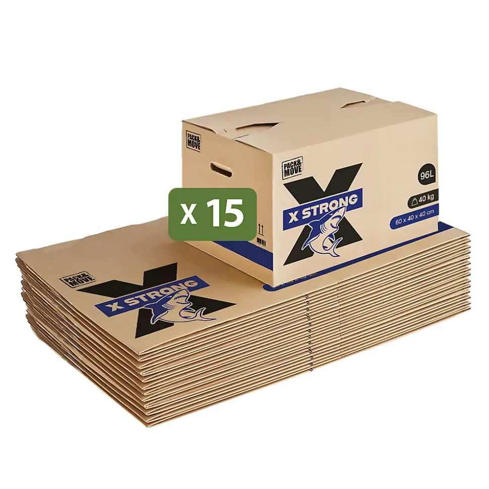 Lot de 15 Cartons Déménagement X Strong - 60 x 40 x 40 cm - Charge 40 kg - Extrême Résistance - Grande Capacité