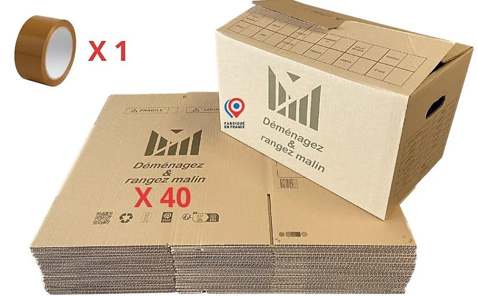 lot de 40 cartons 50x30x30 cm poignees renforcees double epaisseur 1 rouleau adhesif 68 m
