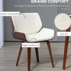 Lot de 2 chaises design vintage piètement châssis bois peuplier aspect noyer revêtement mixte synthétique tissu crème