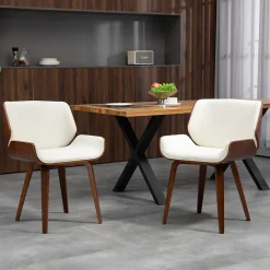 Lot de 2 chaises design vintage piètement châssis bois peuplier aspect noyer revêtement mixte synthétique tissu crème