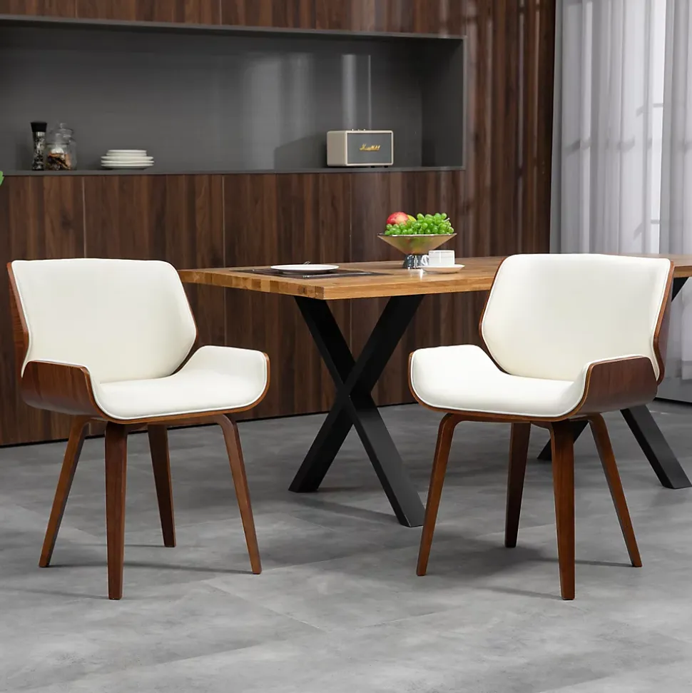 Lot de 2 chaises design vintage piètement châssis bois peuplier aspect noyer revêtement mixte synthétique tissu crème