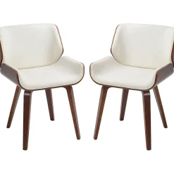 Lot de 2 chaises design vintage piètement châssis bois peuplier aspect noyer revêtement mixte synthétique tissu crème