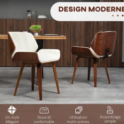 Lot de 2 chaises design vintage piètement châssis bois peuplier aspect noyer revêtement mixte synthétique tissu crème