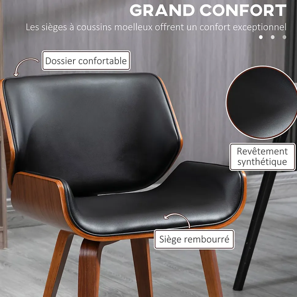 Lot de 2 chaises design vintage piètement châssis bois peuplier aspect noyer revêtement mixte synthétique tissu noir