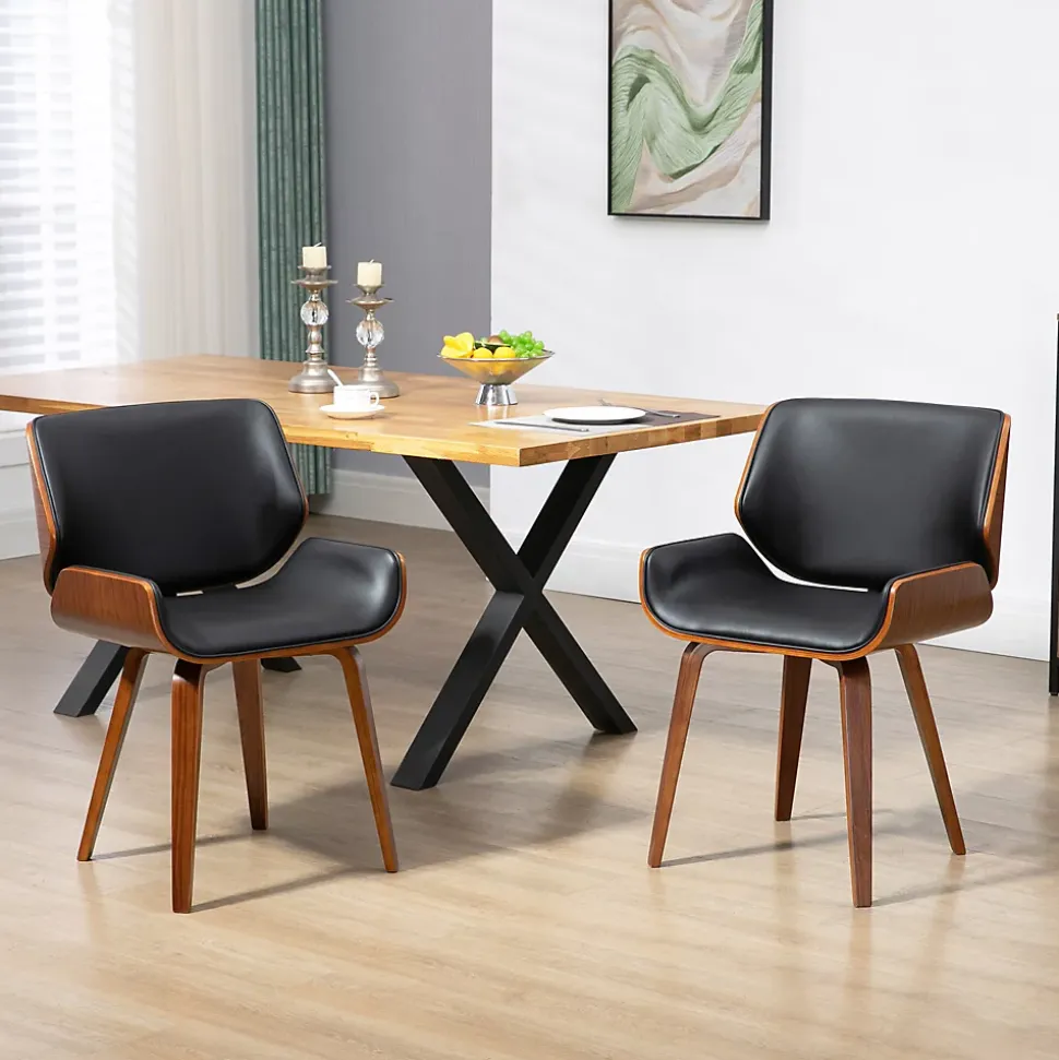 Lot de 2 chaises design vintage piètement châssis bois peuplier aspect noyer revêtement mixte synthétique tissu noir