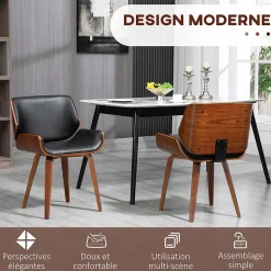 Lot de 2 chaises design vintage piètement châssis bois peuplier aspect noyer revêtement mixte synthétique tissu noir