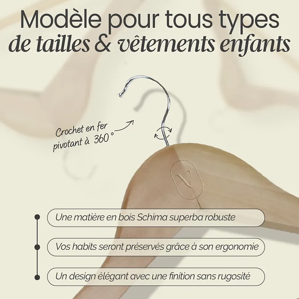 Lot de 40 cintres 32.5 cm pour vêtements enfant avec crochet pivotant à 360 degrés - Bois clair - Vivezen