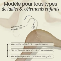 Lot de 10 cintres 32.5 cm pour vêtements enfant avec crochet pivotant à 360 degrés - Bois clair - Vivezen
