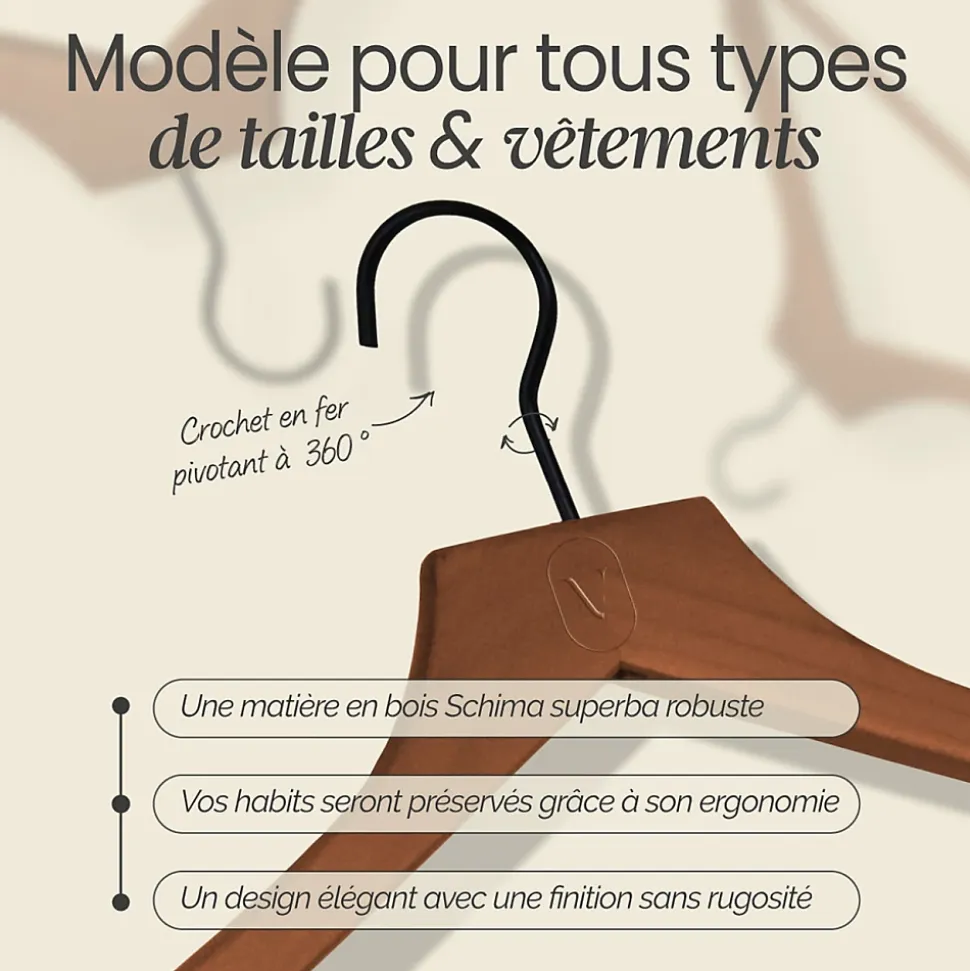 Lot de 40 cintres 44.5 cm pour vêtements adulte premium avec crochet pivotant à 360 degrés - Bois foncé - Vivezen