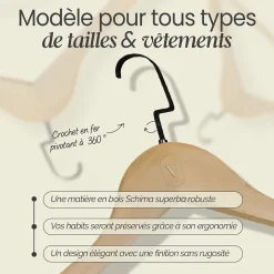 Lot de 20 cintres 44.5 cm pour vêtements adulte premium + avec crochet pivotant à 360 degrés - Vivezen