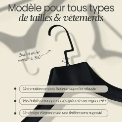 Lot de 4 cintres 44.5 cm pour manteau adulte premium avec crochet pivotant à 360 degrés - Noir - Vivezen