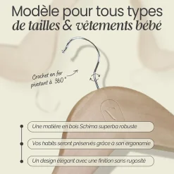 Lot de 10 cintres 28.5 cm pour vêtements bébé avec crochet pivotant à 360 degrés - Bois clair - Vivezen
