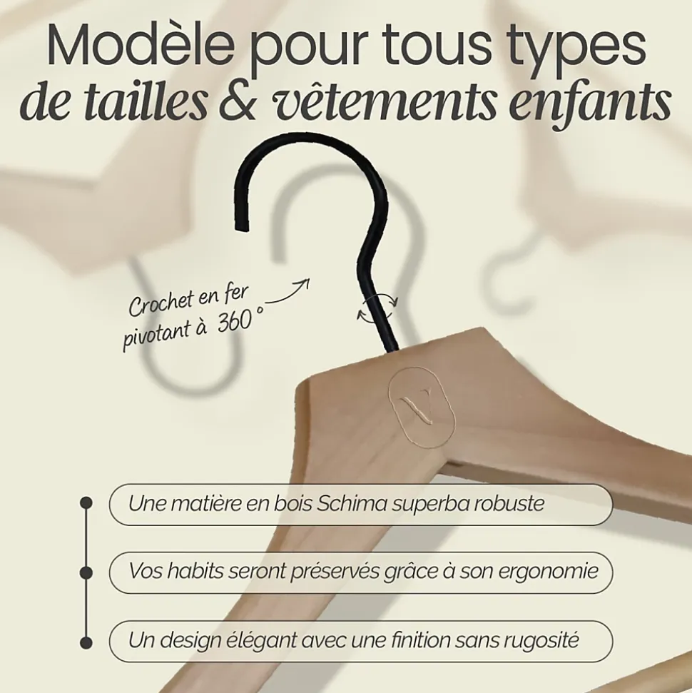 Lot de 10 cintres 32 cm pour vêtements enfant premium avec crochet pivotant à 360 degrés - Bois clair - Vivezen
