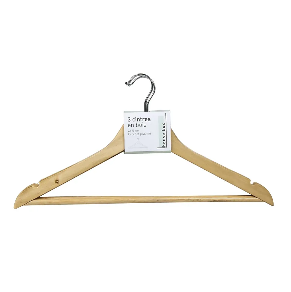 Lot de 3 cintres droit en bois avec crochet pivotant