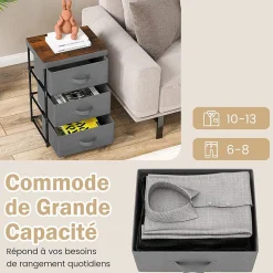 Lot de 2 Commodes de Rangement 3 Tiroirs, avec Tiroirs en Tissu, avec Tiroirs Amovibles et Pliables (30P x 40l x 62H cm)