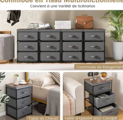Lot de 2 Commodes de Rangement 3 Tiroirs Cadre Métallique, avec Tiroirs Amovibles et Pliables (30P x 40l x 62H cm )