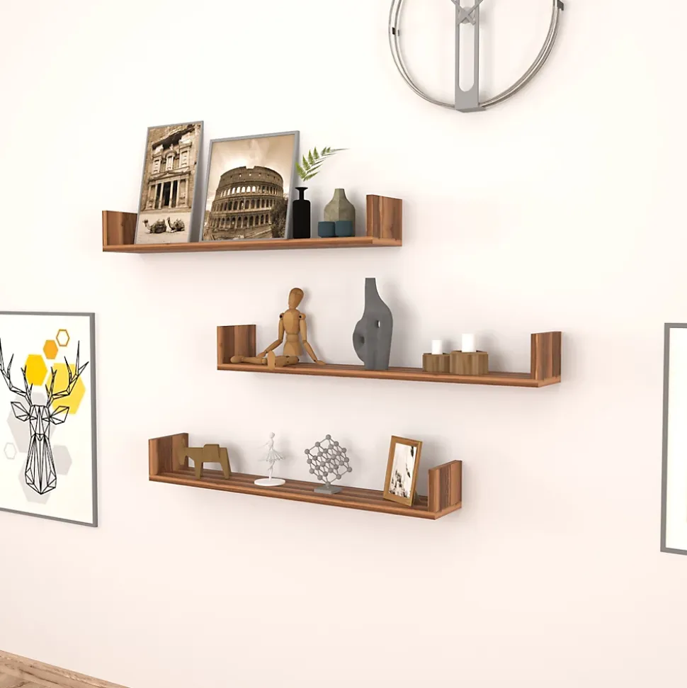 Lot de 3 Etagères murales Höganäs 12 x 90 x 15 cm effet noyer en.casa