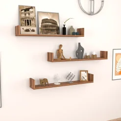 Lot de 3 Etagères murales Höganäs 12 x 90 x 15 cm effet noyer en.casa