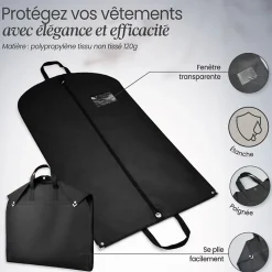Lot de 3 housses pour vêtements à suspendre, premium pliable avec fenêtre transparente - 60 x 160 cm - Noir - Vivezen