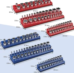 Lot de 6 Organiseurs de Douilles Magnétiques,avec Entraînements, pour Douilles Plates et Profondes, Rouge & Bleu