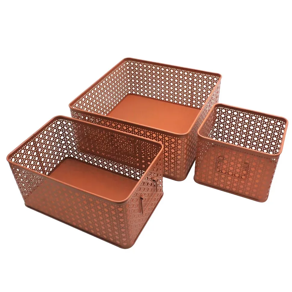 Lot de 3 paniers de rangement en métal terracotta 32 x 32 x 14 cm