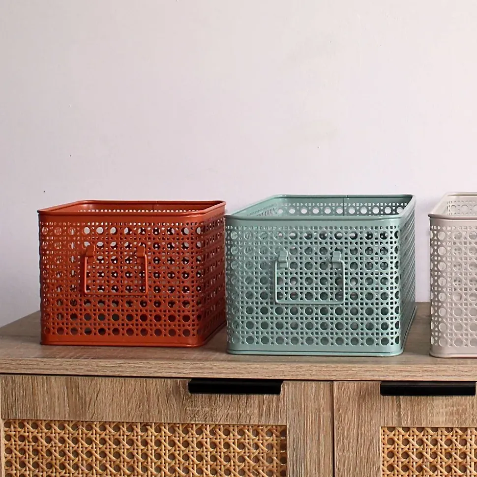 Lot de 3 paniers de rangement en métal terracotta 32 x 32 x 14 cm