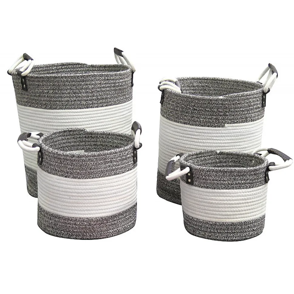 Lot de 4 paniers rond en corde de coton marron et blanc - COTON