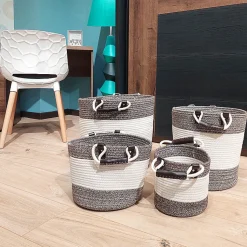 Lot de 4 paniers rond en corde de coton marron et blanc - COTON