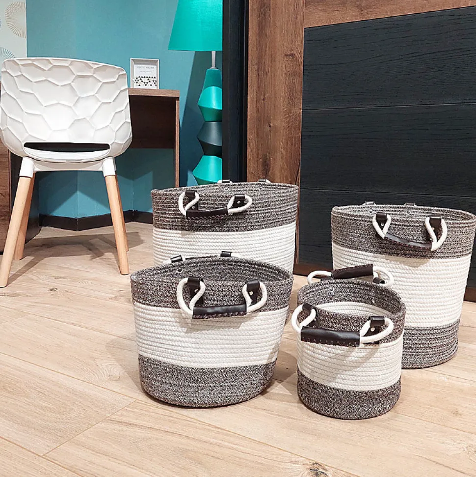 Lot de 4 paniers rond en corde de coton marron et blanc - COTON