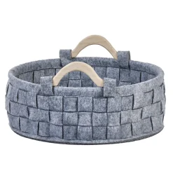 Lot de 2 paniers ronds 32 cm en feutre gris et anses bois - JUAN 9787