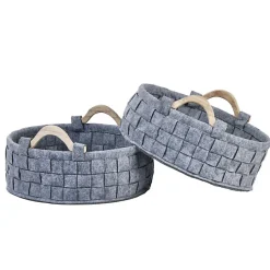 Lot de 2 paniers ronds 32 cm en feutre gris et anses bois - JUAN 9787