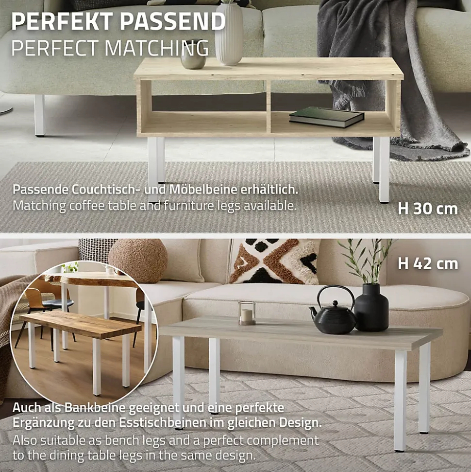 Lot de 4 pieds de table ML-Design H72 cm blanc brillant en acier profil carré 4x4 cm I-design