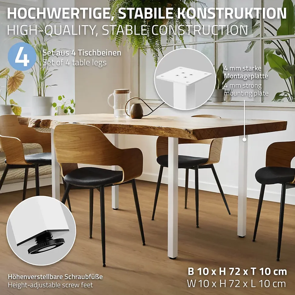 Lot de 4 pieds de table ML-Design H72 cm blanc brillant en acier profil carré 4x4 cm I-design