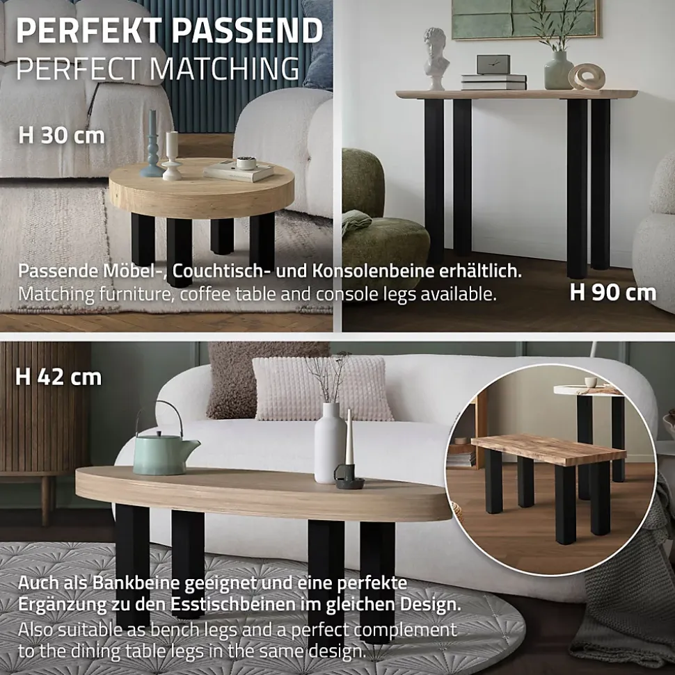 Lot de 4 pieds de table ML-Design H72 cm noir brillant en acier profil carré 8x8 cm I-design