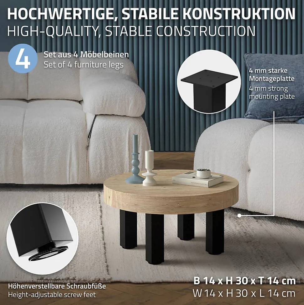 Lot de 4 pieds de table ML-Design H30 cm noir brillant en acier profil carré 8x8 cm I-design