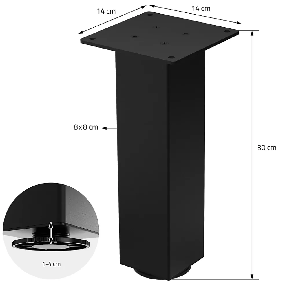 Lot de 4 pieds de table ML-Design H30 cm noir brillant en acier profil carré 8x8 cm I-design