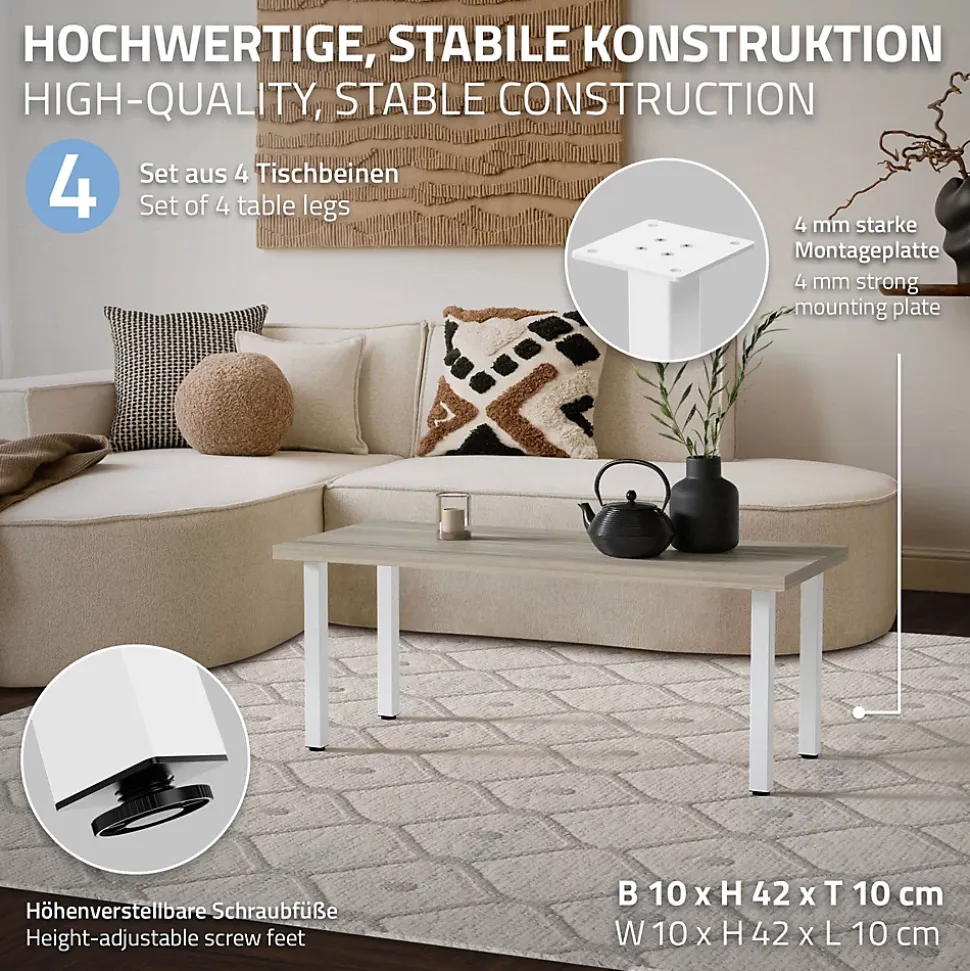 Lot de 4 pieds de table ML-Design H42 cm blanc brillant en acier profil carré 4x4 cm I-design