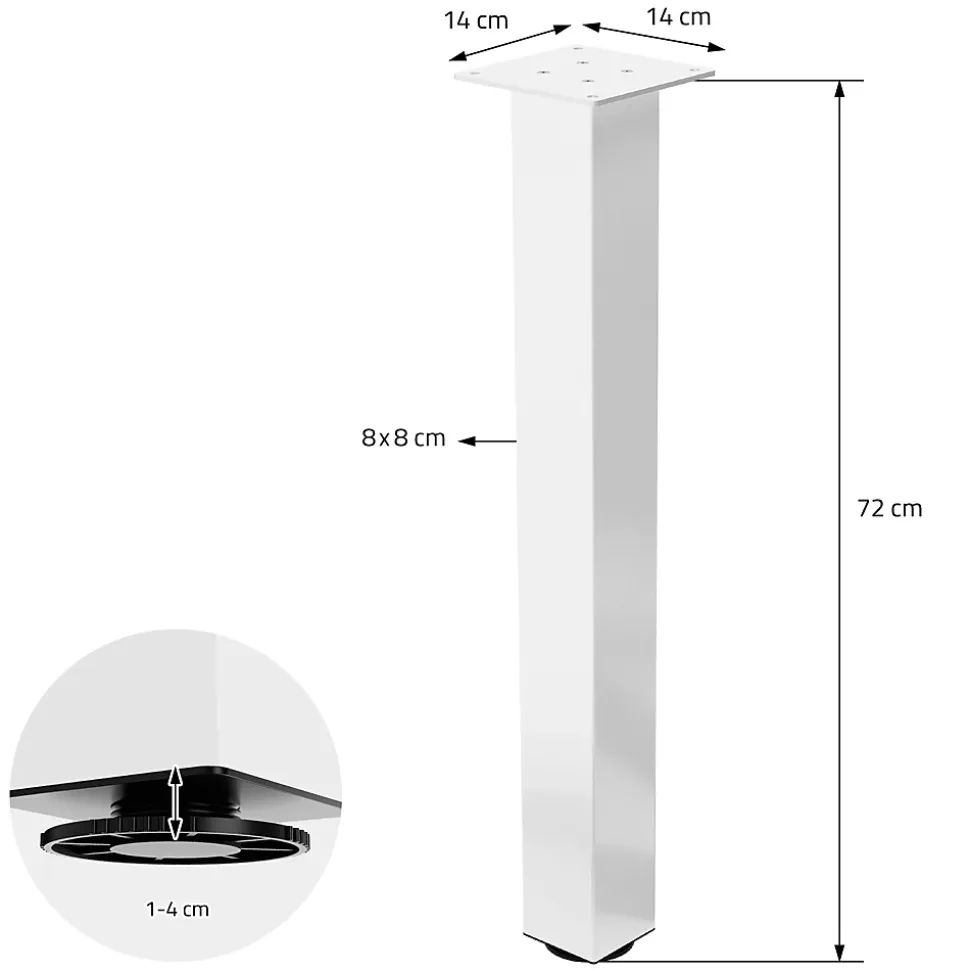 Lot de 4 pieds de table ML-Design H72 cm blanc brillant en acier profil carré 8x8 cm I-design