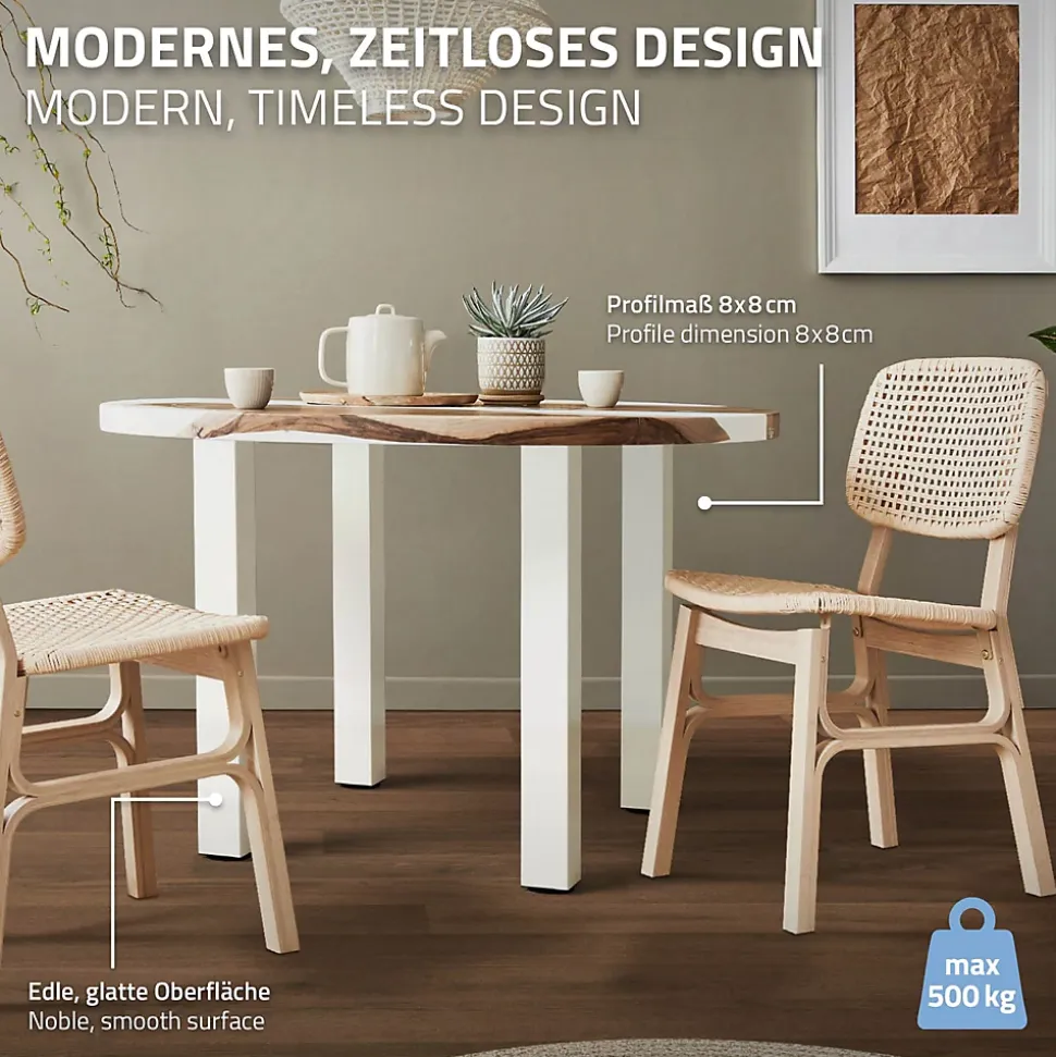 Lot de 4 pieds de table ML-Design H72 cm blanc brillant en acier profil carré 8x8 cm I-design