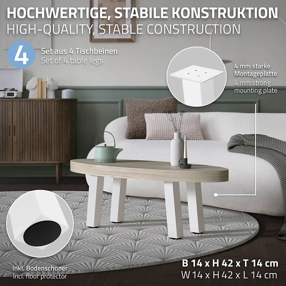 Lot de 4 pieds de table ML-Design H42 cm blanc brillant inclinés en acier profil 8x8 cm design I