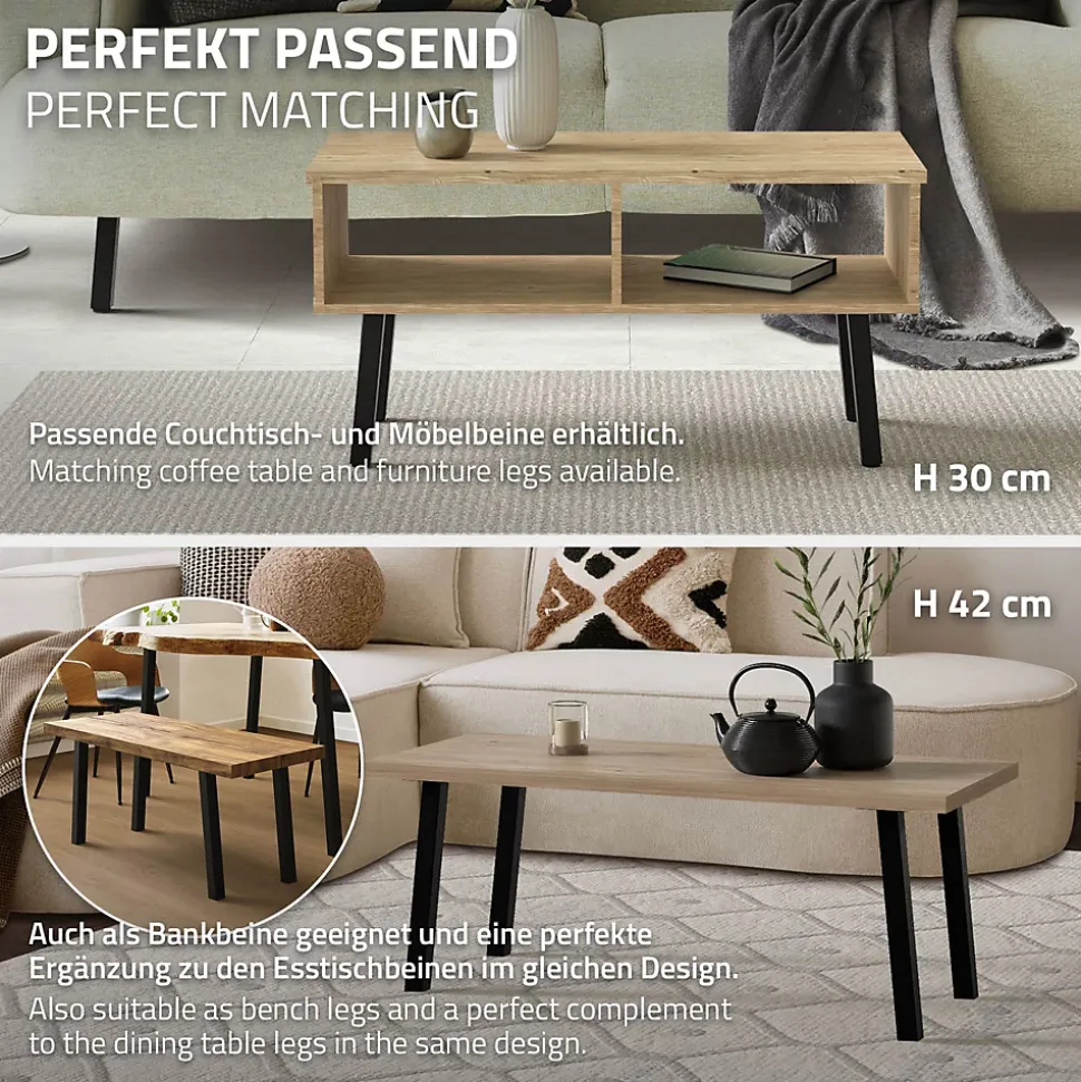 Lot de 4 pieds de table ML-Design H72 cm noir brillant inclinés en acier profil 4x4 cm design I