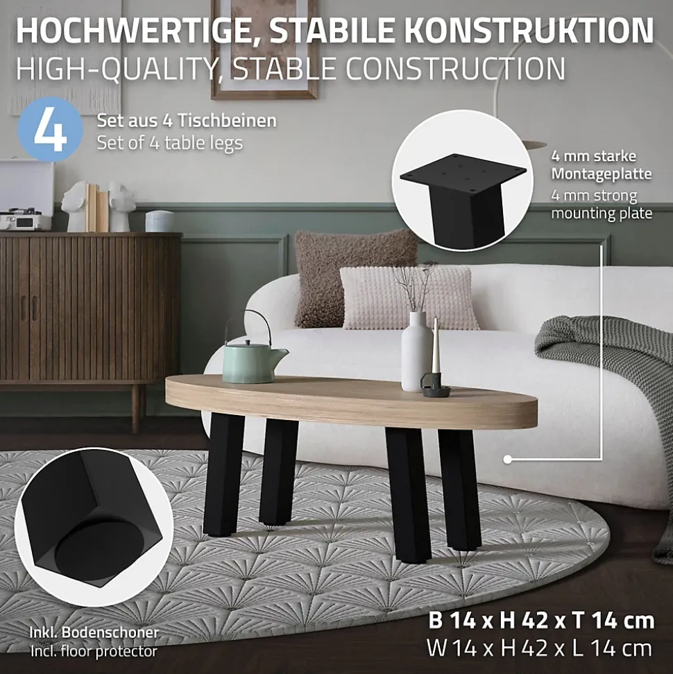 Lot de 4 pieds de table ML-Design H42 cm noir brillant inclinés en acier profil 8x8 cm design I