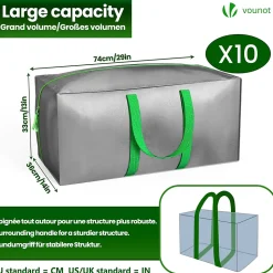 Lot de 10 sacs de demenagement grand format avec sangles et poignee gris VOUNOT